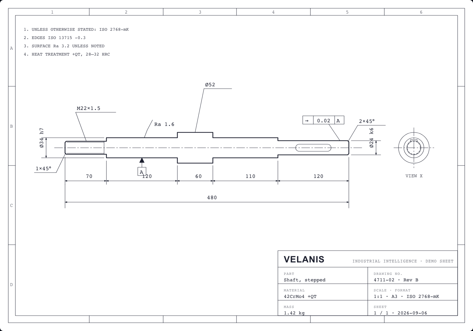 Technical drawing of a stepped shaft, part 4711-02